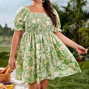 🌸3 for 20$🌸 SHEIN Botanical Print Flounce Sleeve Shirred Dress 1XL